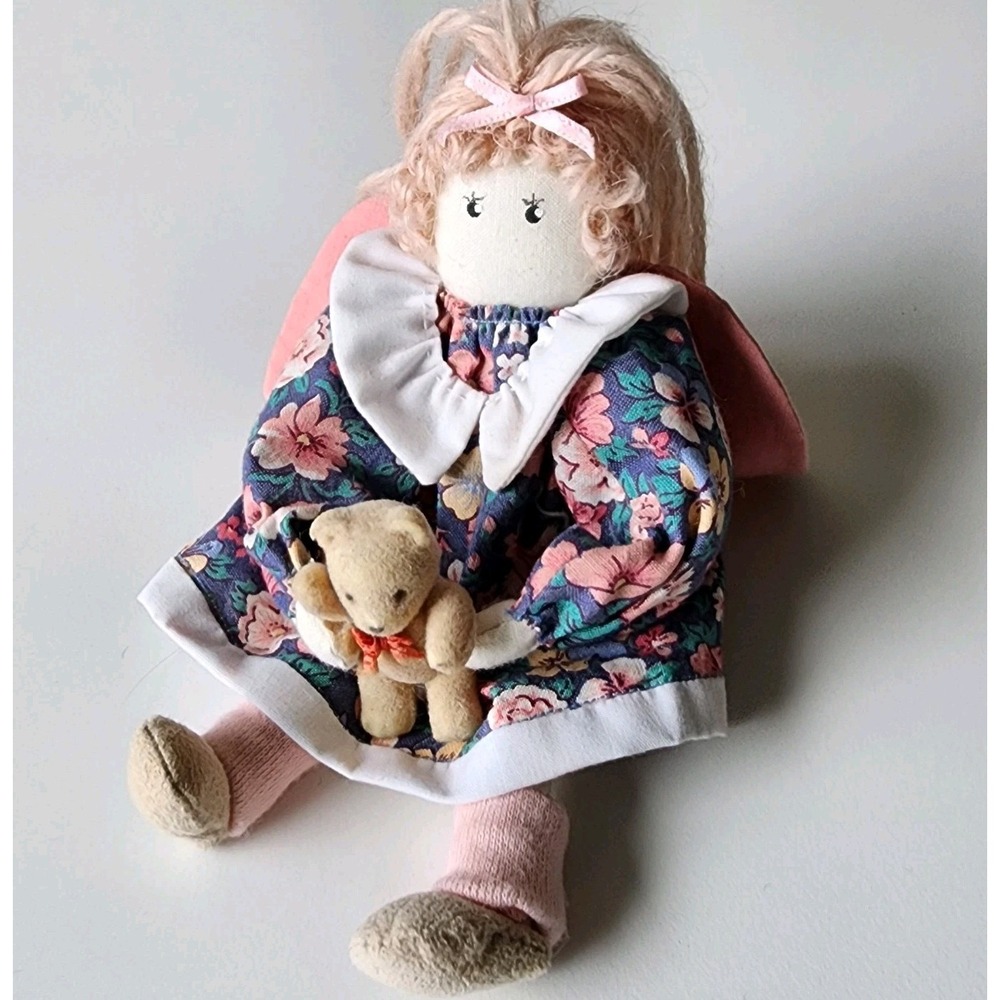 Vintage Primitive Angel Cloth Rag‎ Doll Small Ornament Sitting 7" w/ Teddy Bear